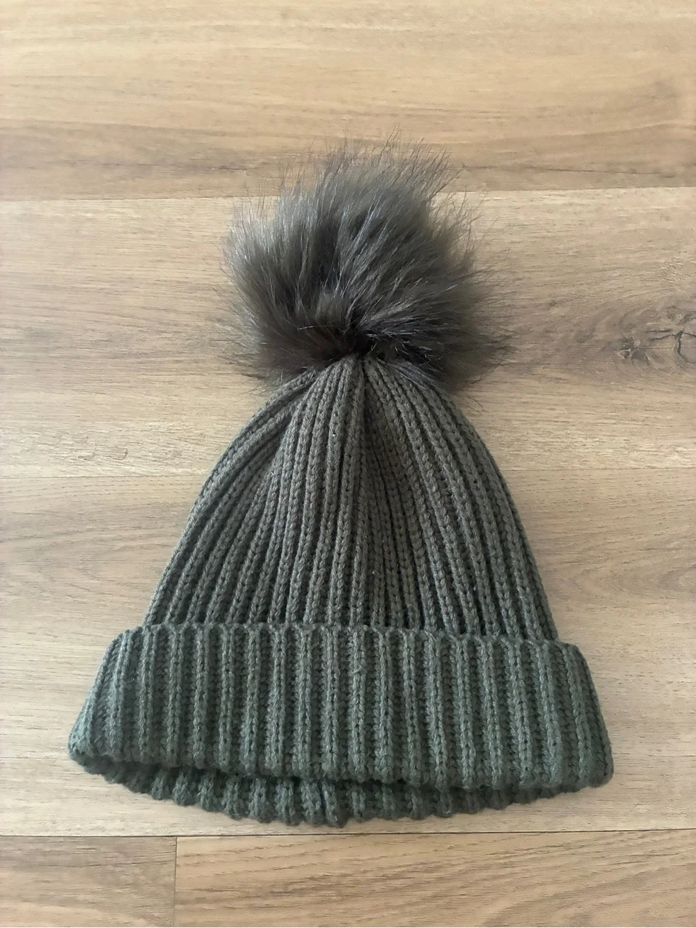 Olive Green Ribbed Knit Pom Pom Beanie Faux Fur Winter Hat One Size